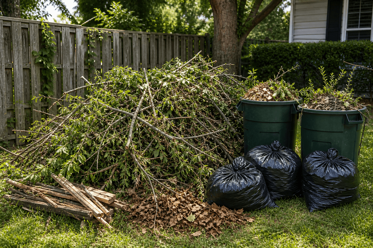 Yard waste removal service clearing branches, leaves, and outdoor debris from residential property