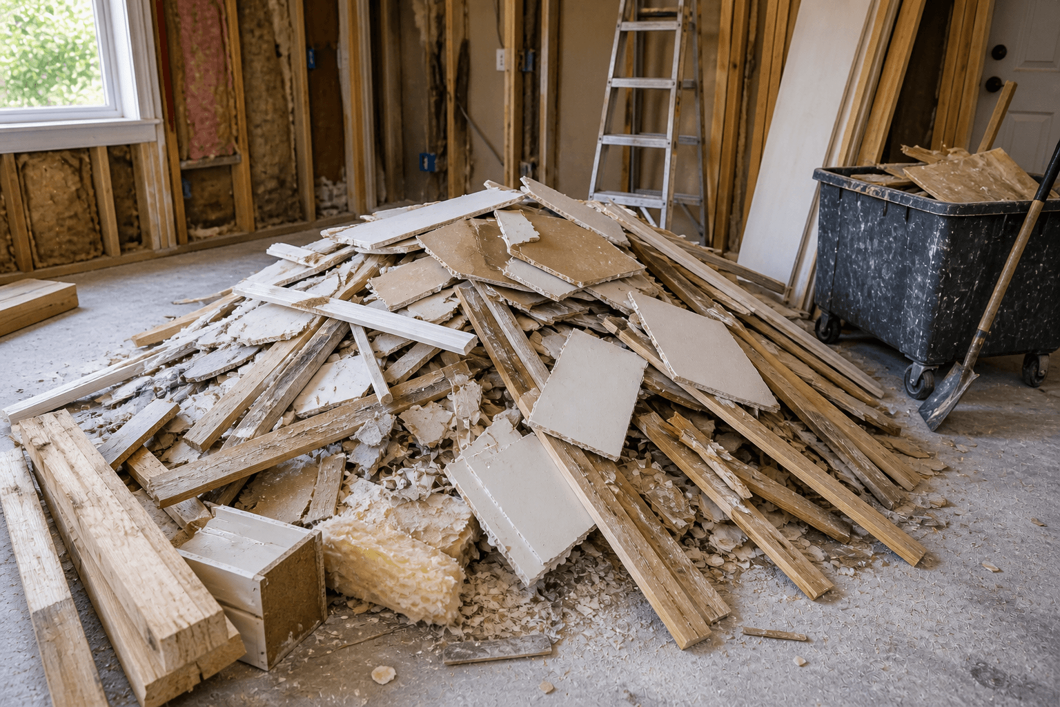 Construction debris removal service clearing wood, drywall, and renovation waste from remodeling project