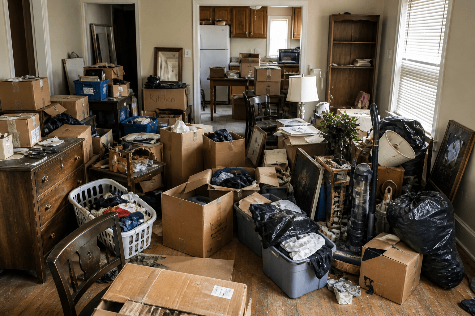 Property cleanout service removing unwanted furniture, boxes, and household clutter from residential home