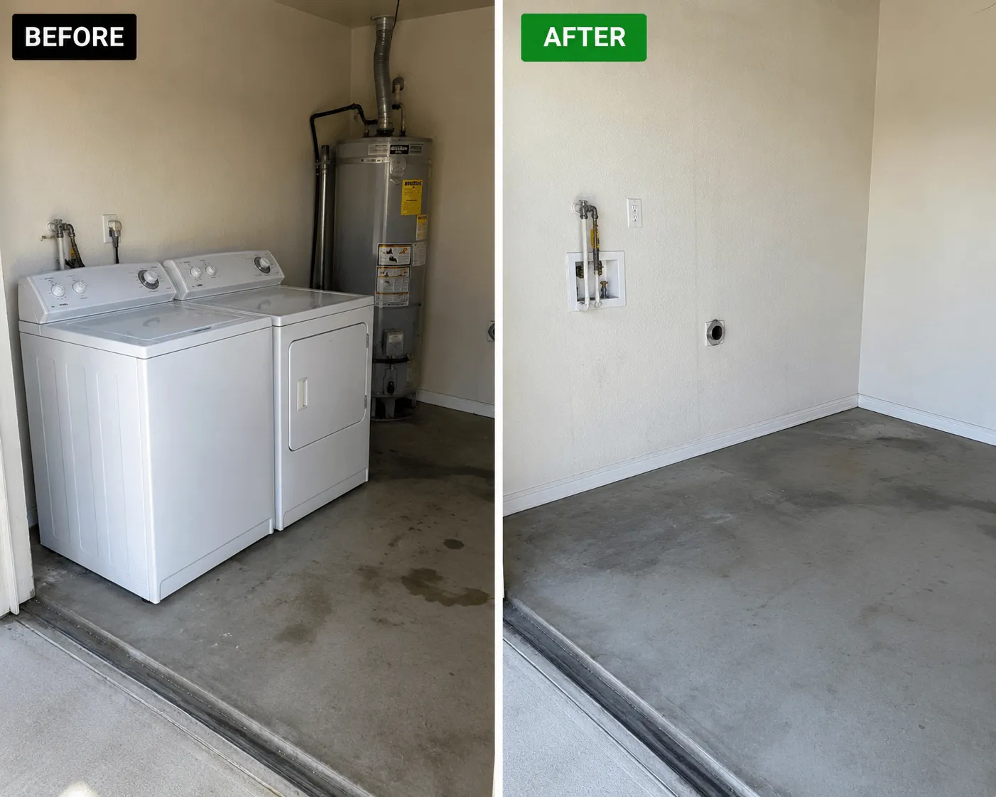 Before and after appliance removal showing a clean and reclaimed laundry space in Phoenix area home