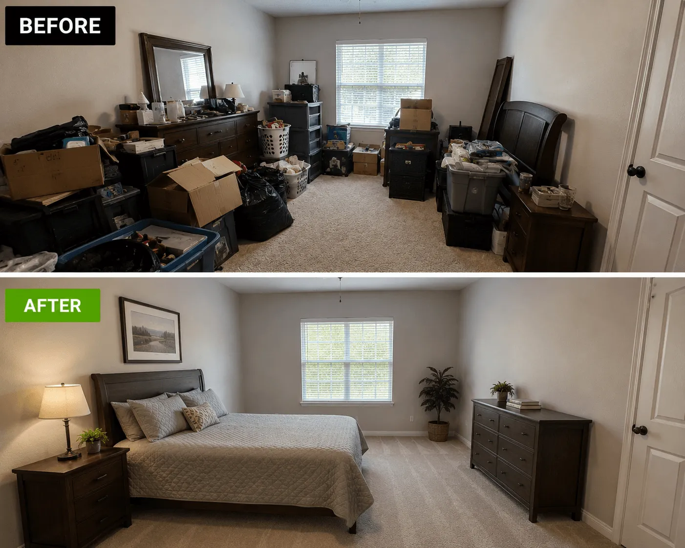 Before and after bedroom cleanout transforming a cluttered room into a clean and organized living space