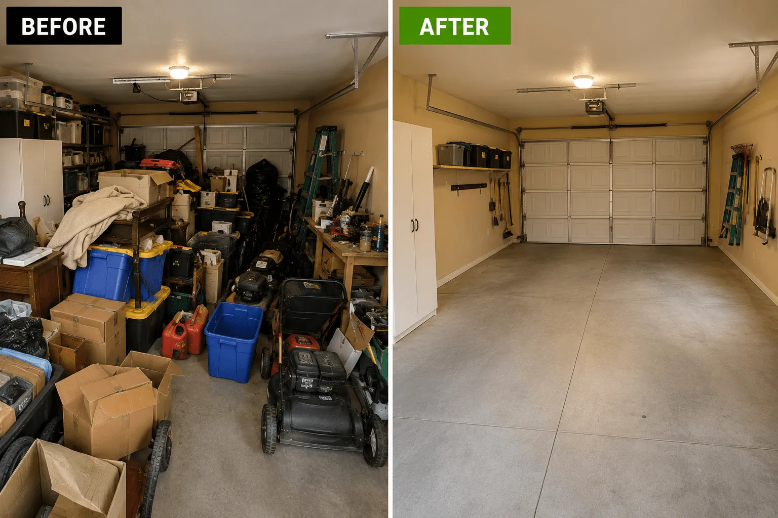 Before and after garage junk removal transforming a crowded garage into a clean and usable space