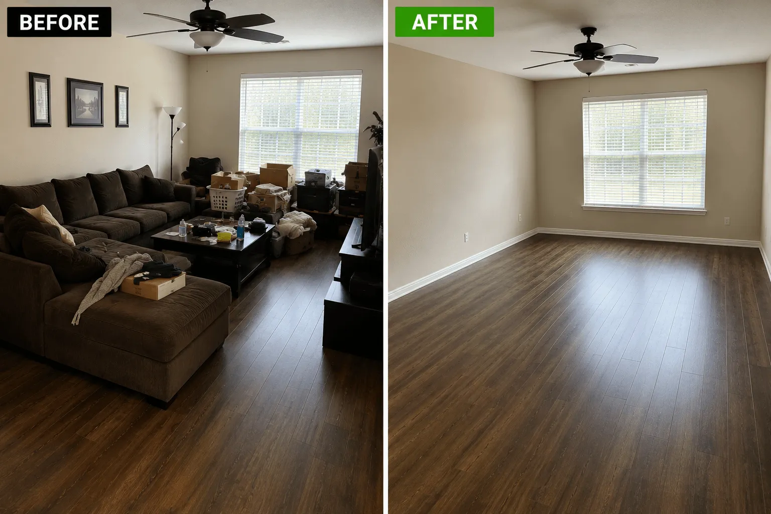 Before and after living room cleanout transforming a cluttered space into a clean and open home interior