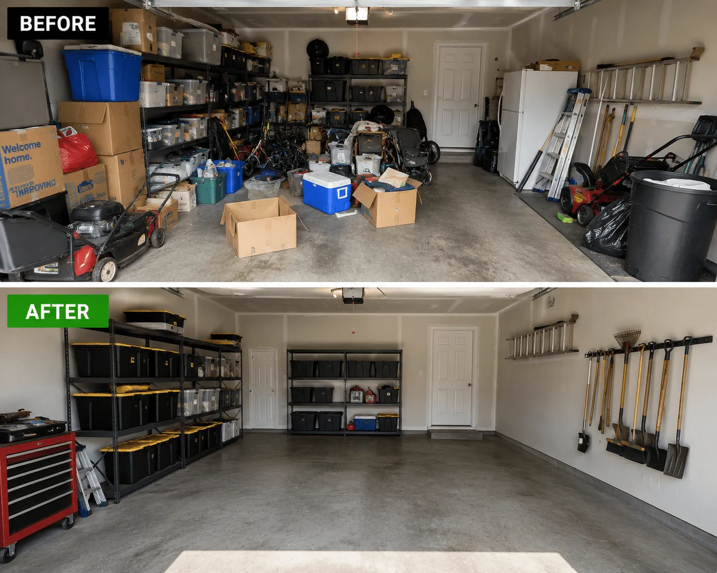 Before and after garage organization and junk removal creating a clean and functional storage space
