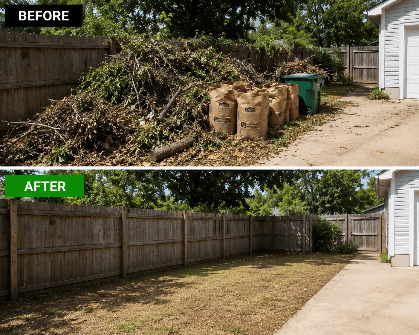 Before and after yard waste removal clearing branches and outdoor debris from backyard space