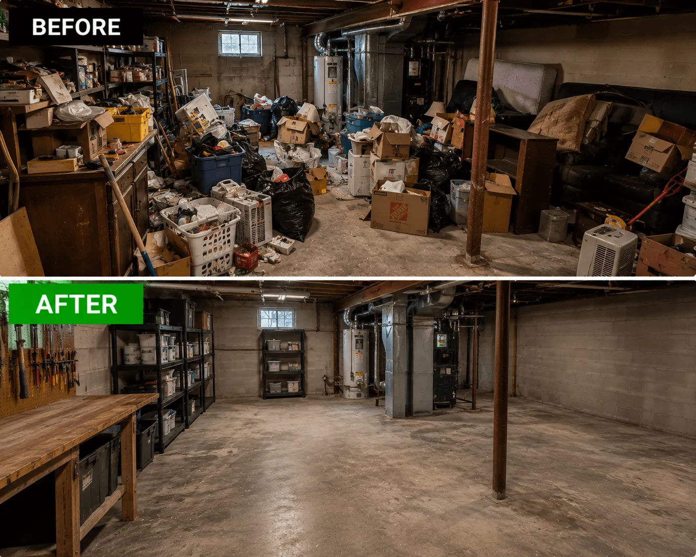 Before and after basement cleanout transforming a cluttered storage area into a clean and organized space