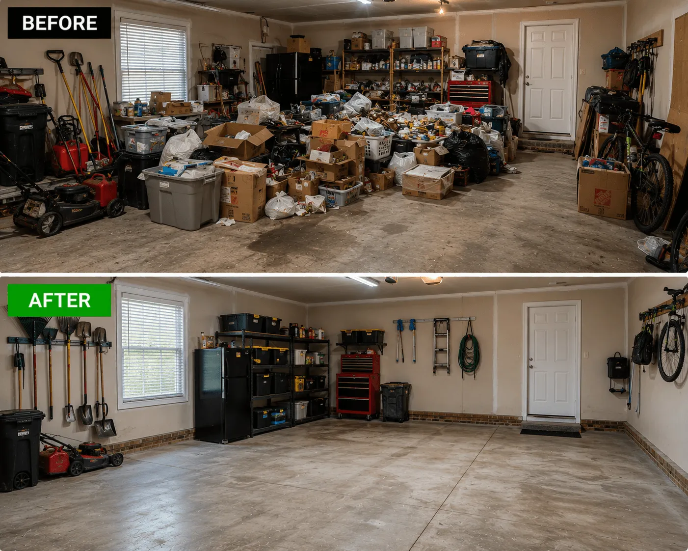 Before and after garage cleanout transforming a cluttered garage into a clean and organized storage space
