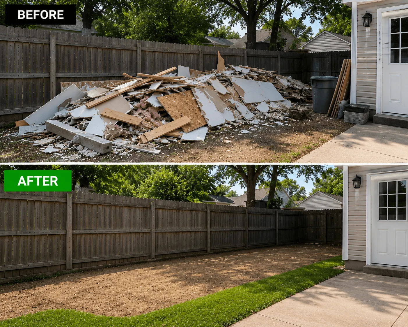 Before and after construction debris removal clearing backyard renovation waste and damaged materials